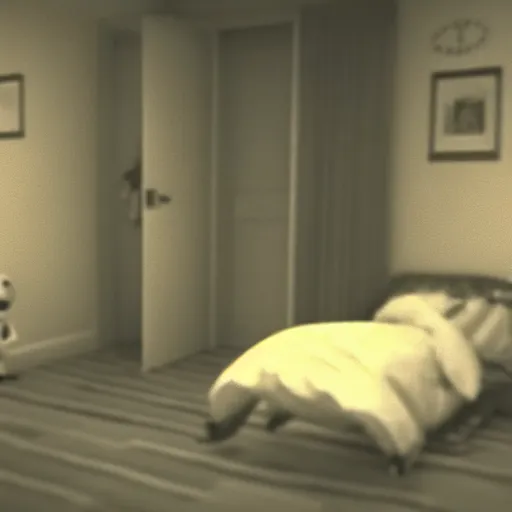 Prompt: A gangly humanoid monster running towards a person sleeping in a bed, screenshot of found footage, grainy, blurry, photo realistic, viral