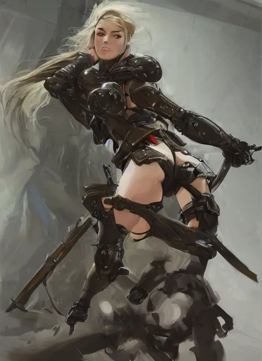 Image similar to a professionally painted full body portrait of an attractive young female, clothed in military-style battle armor, olive skin, long dark hair, beautiful bone structure, symmetrical facial features, intricate, elegant, digital painting, concept art, smooth, sharp focus, illustration, finely detailed, from Metal Gear by Ruan Jia and Mandy Jurgens and Artgerm and William-Adolphe Bouguerea