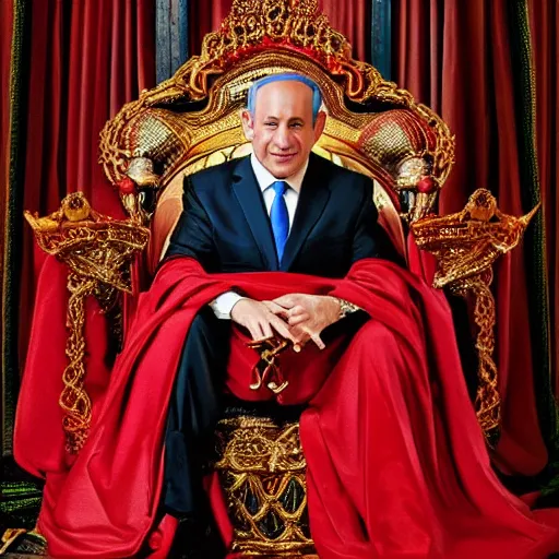 Prompt: portrait of Benjamin Netanyahu sitting on an ornate throne wearing a red furred cape and a crown grasping a royal ornate rod, vivid rich colors, ambient lighting, dynamic lighting, official media, HQ, detailed