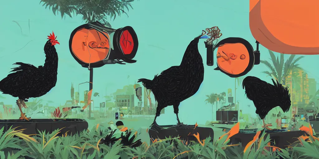 Image similar to 'black chicken!!!' smoking 'cannabis'!!!!!! in front of multi monitors broadcasting studio, artwork by James Gilleard