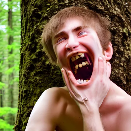 Prompt: macro face shot, teenage boy, around 1 9 years old with necklace, natural brown hair, loincloth, pale skin, detailed face. screaming in ominous and eerie looking forest. natural colors. realistic photo.