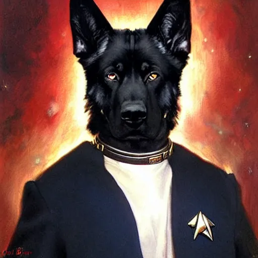 Prompt: a portrait of a black german shepard dogman canine star trek captain red shirt. highly detailed painting by gaston bussiere, craig mullins, j. c. leyendecker, furry