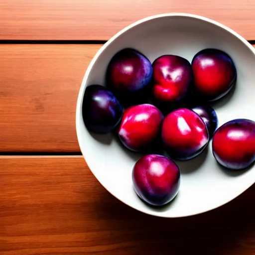 Image similar to concept art of a single thick porcelain bowl filled with a few moist freshly picked plums on a wooden table. volumetric lighting. 4 k. small scale. artistic. top down.