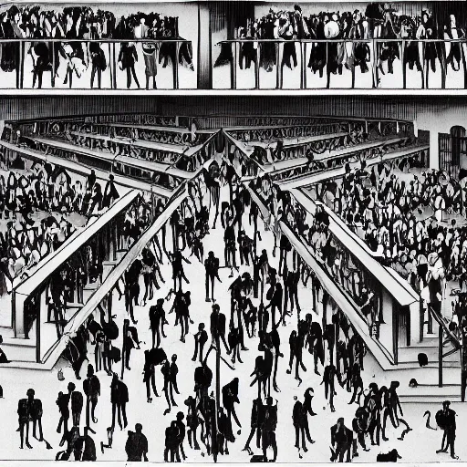 Image similar to a m. c. escher style drawing of a nightclub filled with people