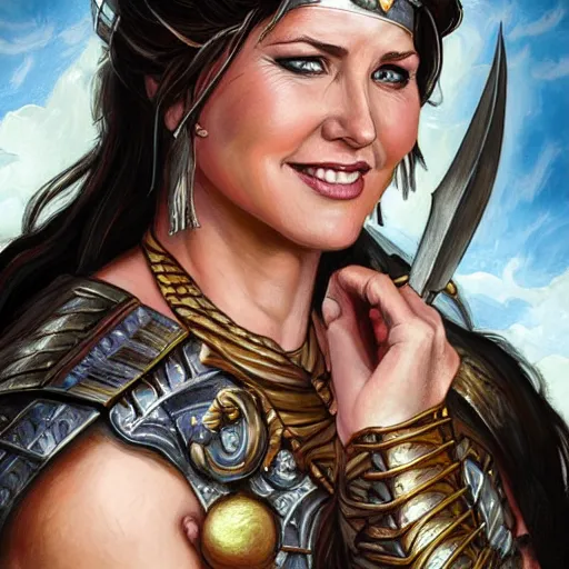 Image similar to portrait of Lucy Lawless as a warrior woman, looking at camera, D&D, intricate, elegant, stylish, cute smile, mouth slightly open, fantasy, extremely detailed, digital painting, artstation, concept art, smooth, sharp focus, illustration, stunning lighting, art by artgerm and greg rutkowski and alphonse mucha and simon stalenhag.