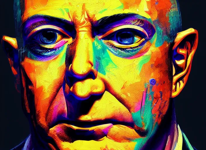 Prompt: A psychedelic portrait of crying evil jeff bezos half of face is skeleton, vibrant color scheme, highly detailed, in the style of romanticism, cinematic, artstation, Moebius, Greg rutkowski