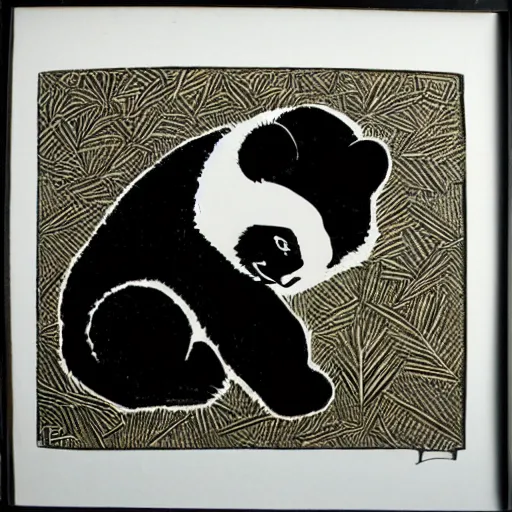 Image similar to panda in a suit, linocut