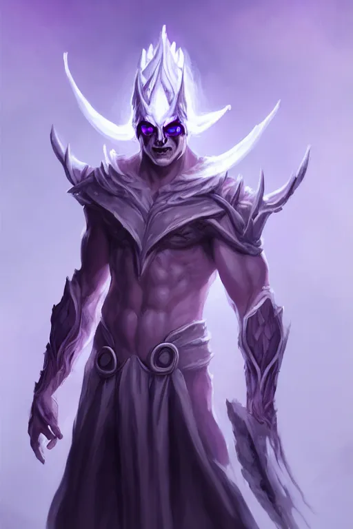 Prompt: human male demon, full body white purple cloak, glowing hand character concept art, costume design, black eyes, white horns, trending on artstation, Artgerm , WLOP