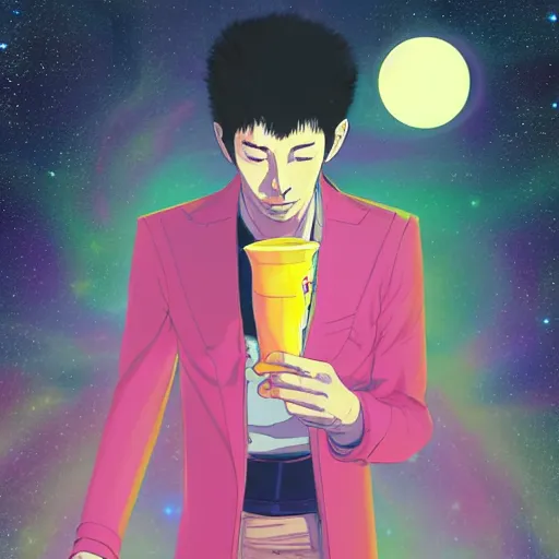 Image similar to A man drinking a cup of cosmic energy bright light by Masafumi Harada, 4k, digital art, surreal, anime style, space dandy style, highly detailed, godsend, artstation