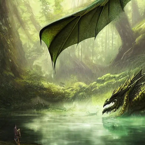 Image similar to Green Dragon, resting at a pond, underground, mountainous area, trees in the background, oil painting, by Fernanda Suarez and Greg Rutkowski
