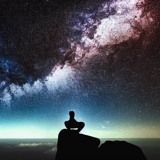 Prompt: 4K ultra HD detailed award-winning wallpaper of silhouette of man sitting on top of mountain cliff looking at huge vast sky storm Milky way