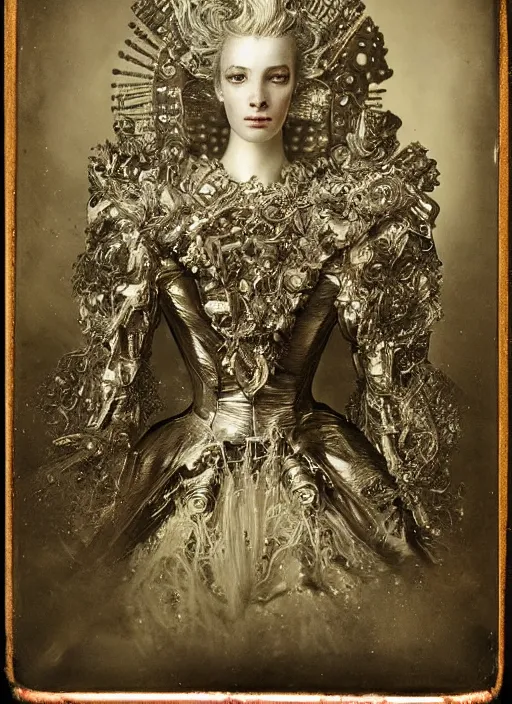 Image similar to old wetplate daguerreotype portrait of a futuristic silver armored marie antoinette cyborg, fractal, intricate, elegant, highly detailed, subsurface scattering, by jheronimus bosch and greg rutkowski and louis jacques mande daguerre