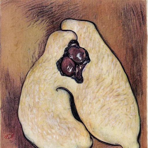 Image similar to A bread with chocolate hugging another bread with chocolate, Toulouse Lautrec style