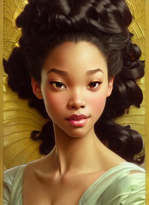 Image similar to portrait of disney tiana, intricate, elegant, highly detailed, my rendition, digital painting, artstation, concept art, smooth, sharp focus, illustration, art by artgerm and greg rutkowski and alphonse mucha and uang guangjian and gil elvgren and sachin teng, symmetry!!