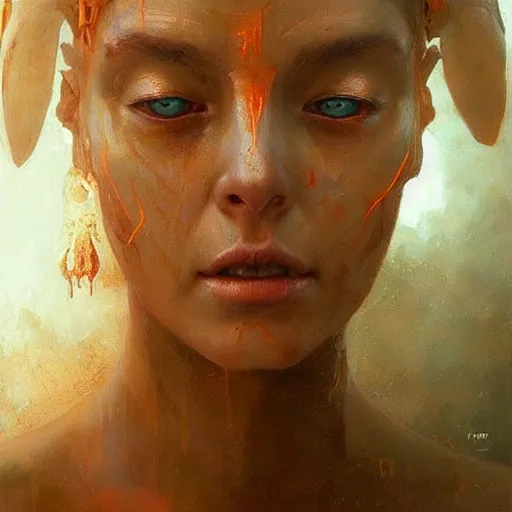 Prompt: a hyperrealistic acrylic on canvas portrait painting of a beautiful alien priestess by Greg Rutkowski, Artgerm and Beksinski. Epic fantasy art. Golden ratio.