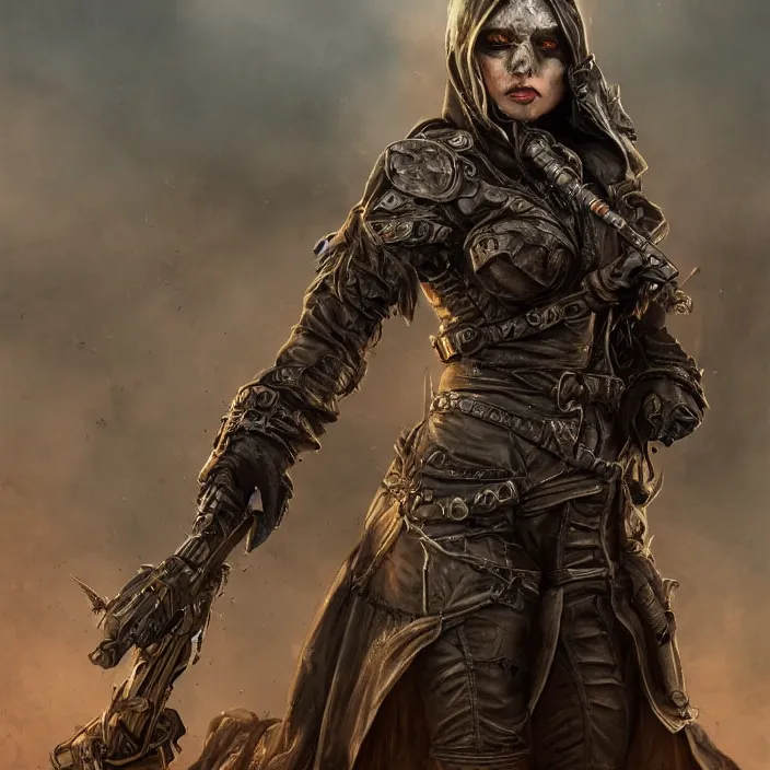 Image similar to beautiful apocalyptic woman in hooded cloak, standing on mad max panzer tank, hyper-detailed, smooth, sharp focus, 4k ultra hd, fantasy dark art, tank girl, artgerm, artstation, octane render, elegant, detailed digital painting, apocalyptic art