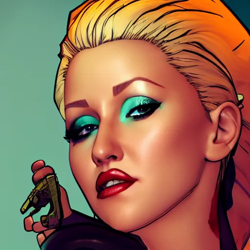 Image similar to christina aguilera portrait, borderlands, tales from the borderlands, the wolf among us, comic, cinematic lighting, studio quality, 8 k