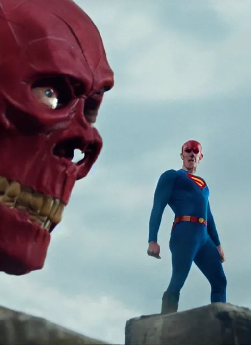 Image similar to movie still of red skull as superman in superman, 4 k