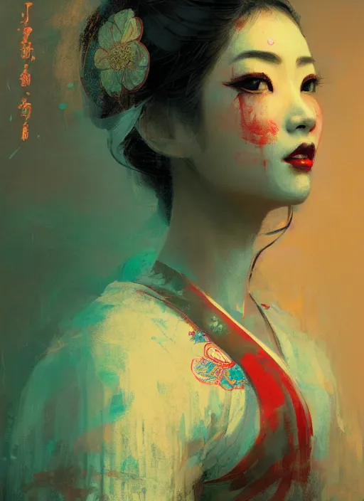 Image similar to female geisha girl, beautiful face, neon, rule of thirds, intricate outfit, spotlight, by greg rutkowski, by jeremy mann, digital painting