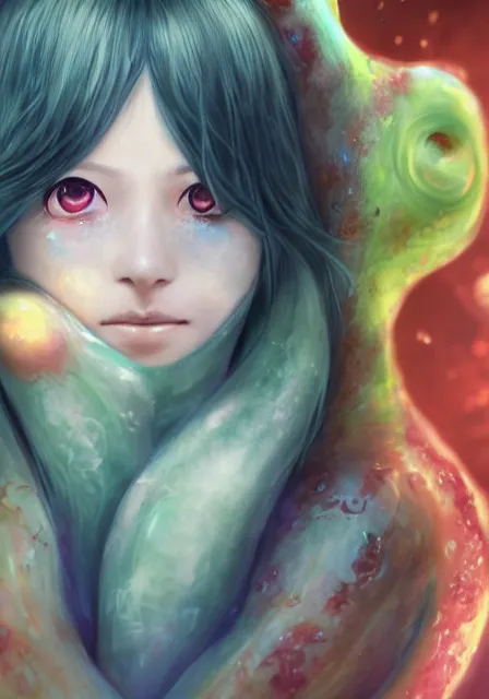 Prompt: beautiful portrait of a slime woman's face by aramaki shinji, amano yoshitaka, lilia alvarado, 8 k, urobuchi gen, hd, anime art