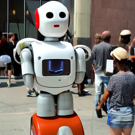 Prompt: LOS ANGELES, CA July 7 2025: Open Source Self-Aware Robot Convention, Cute Robot Wearing Trenchcoat