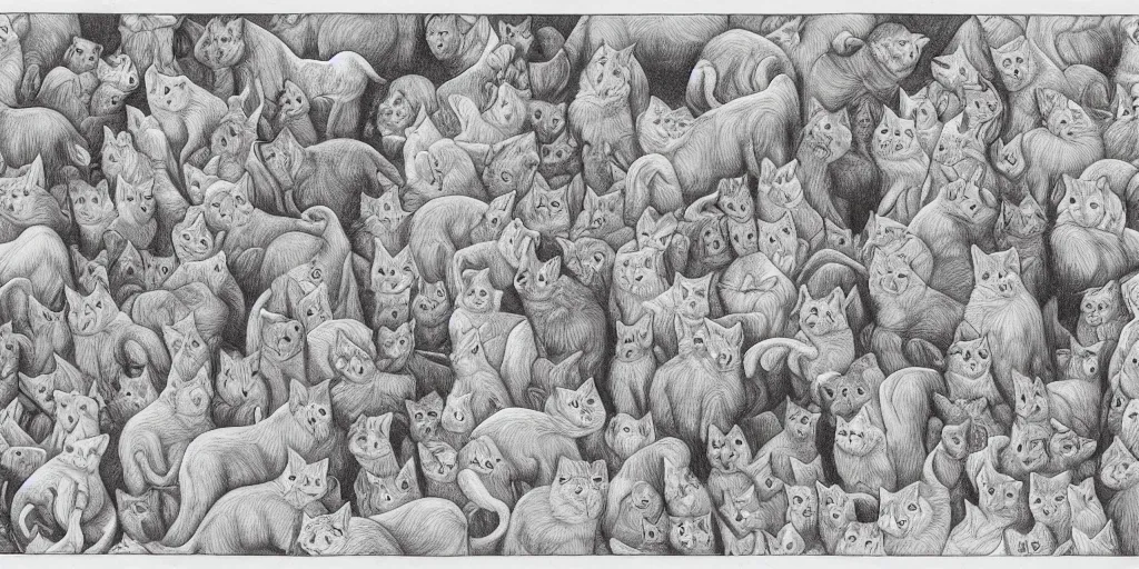 Image similar to a tessellation pattern of cats on the left and dogs on the right, pencil drawing by m. c. escher