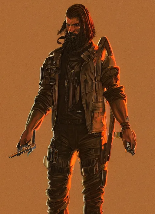 Prompt: menacing bearded cyberpunk mercenary in tactical harness and jumpsuit. dystopian. portrait by stonehouse and mœbius and will eisner and gil elvgren and pixar. realistic proportions. cyberpunk 2 0 7 7, apex, blade runner 2 0 4 9 concept art. cel shading. attractive face. thick lines.