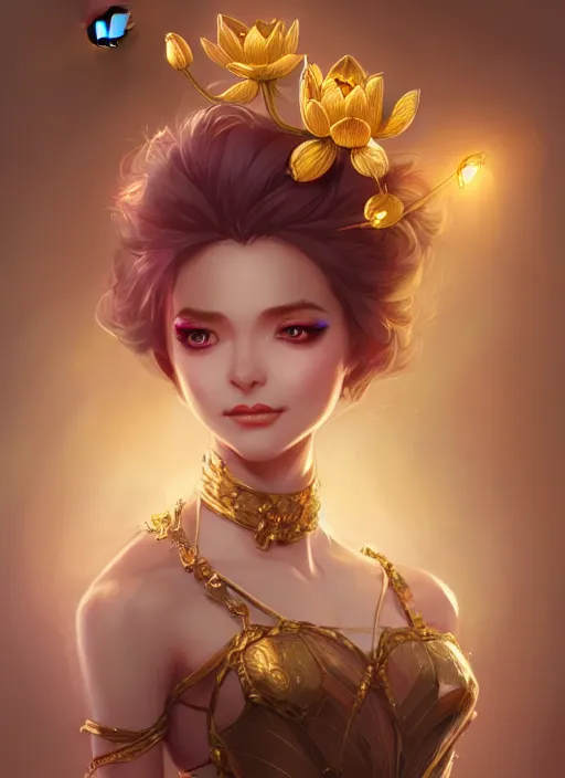 Image similar to female magician, wide angle view, lotus, flowers, gold, diamonds, highly detailed, artgerm, cushart krenz, artstation, soft light, sharp focus, illustration, character design, concept art