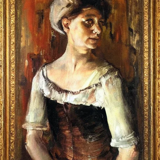 Image similar to Portrait of an italian country woman, beautiful, by Antonio Mancini, oil painting, francis bacon