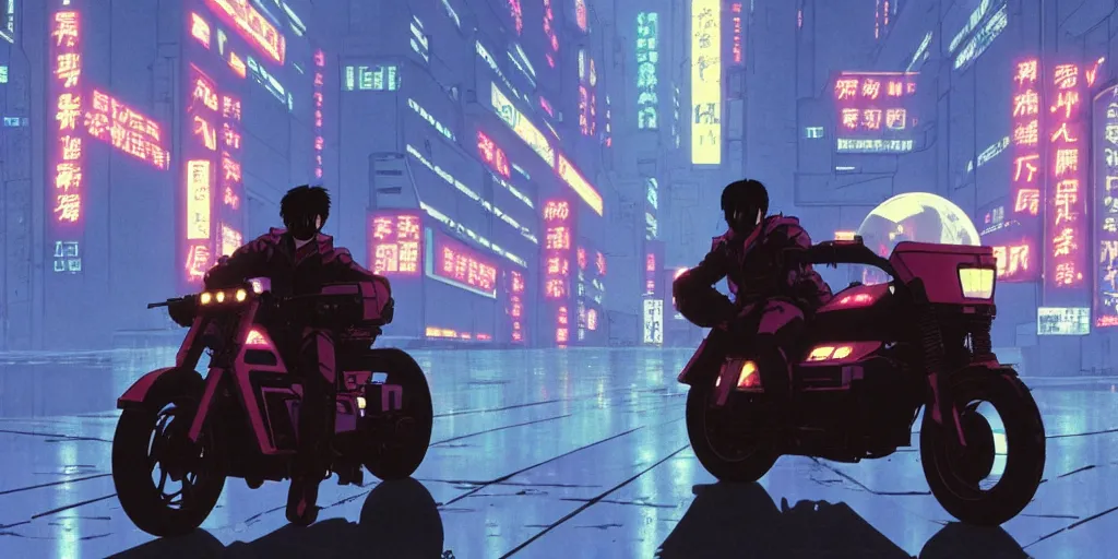 Image similar to twilight lighting, moody, atmospheric, solarpunk, kaneda and his motorcycle from akira, rainy, in the art style of neon genesis : evangelion, 8 0 s anime style, by ghibli studio and victor ngai, ghost in the shell art style, akira artstyle, pixar highly detailed, 8 k h 5 7 6