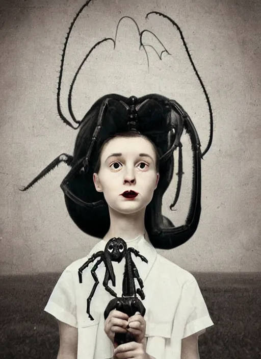 Image similar to surreal portrait of a girl whose head is a tarantula and whose body is dressed in a 1950s school dress, inspired by Mark Ryden and Marion Peck, hints of Cronenberg