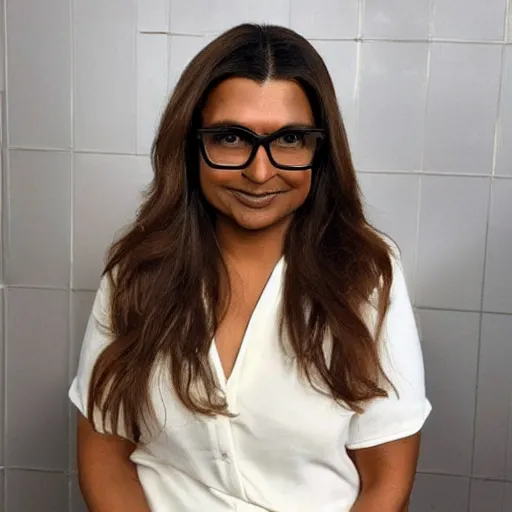 Prompt: 4 5 year old french and swedish woman, brown hair!, looks like white mindy kaling, nerdy music teacher with phd, labile temper, drinks bourbon, wears oprah glasses, from wheaton illinois