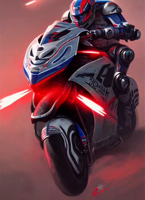 Image similar to portrait epic armored motogp bike with red blu and white accent. highly detailed, digital painting, concept art, smooth, sharp focus, illustration, art by greg rutkowski