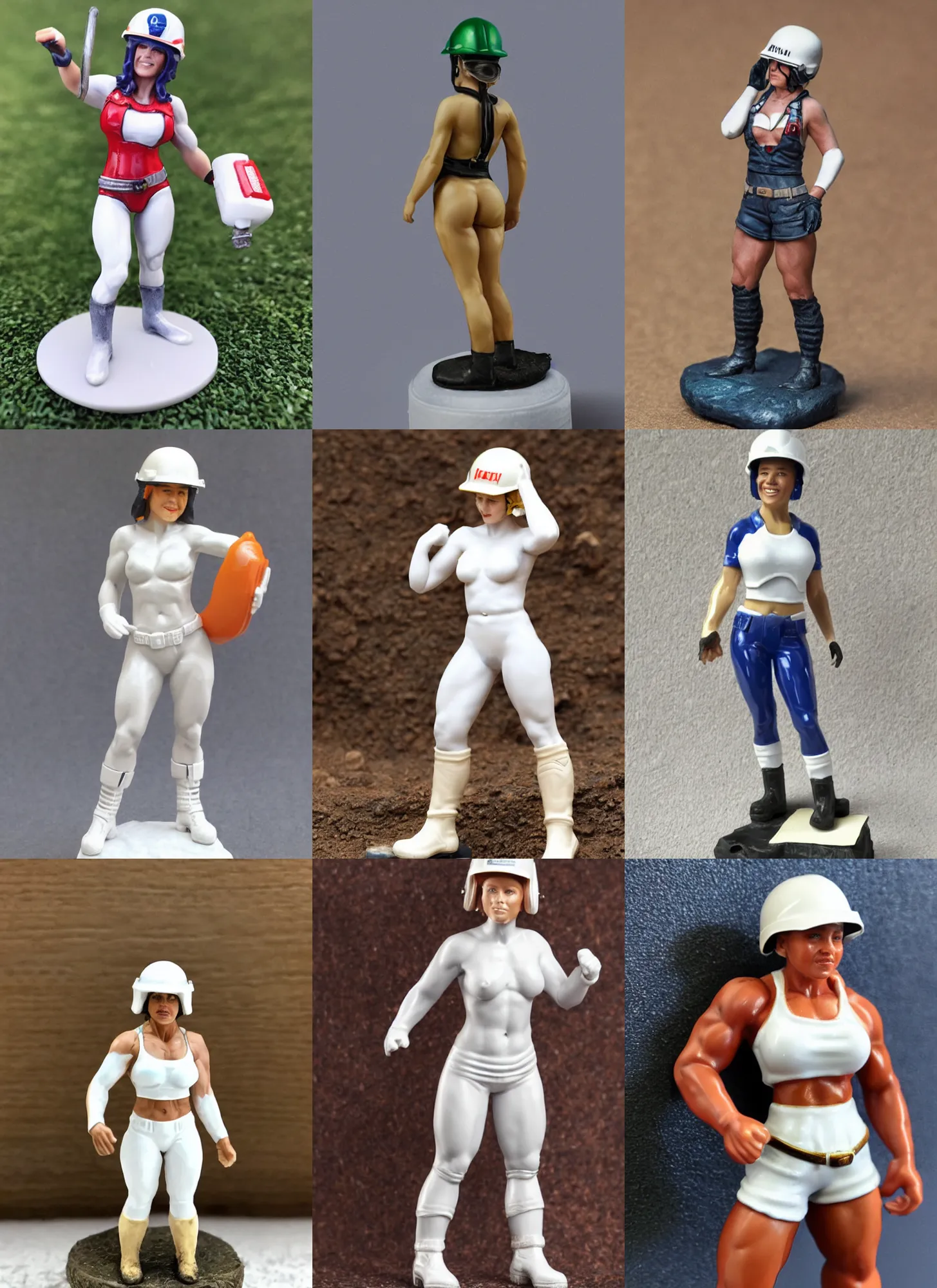 Prompt: 80mm resin detailed miniature of a very Muscular miner woman, helmet, white hot-pants, stomach, navel, boots, Logo, textured base; Product Introduction Photos, 4K, view from front