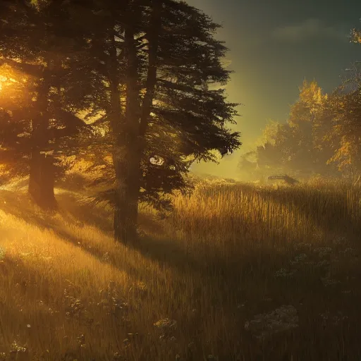 Prompt: warhammer, volumetric lighting, dew, spring evening, clear weather, realistic illustration, golden hour, perfectly shaded, soft painting