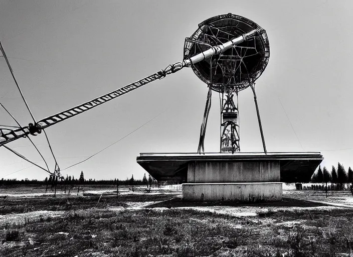 Image similar to black and white photograph with a realistic high - resolution wide - angle lens of the soviet duga - 3 antenna at chernobyl.