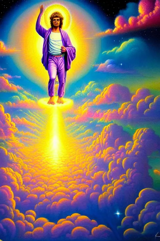 Prompt: a photorealistic painting of a beautiful vibrant iridescent ascended master, human evolution, spiritual science, divinity, utopian, cumulus clouds, ornate, isometric, by david a. hardy, kinkade, lisa frank, wpa, public works mural, socialist by johfra bosschart, dark fantasy art, high detail, trending on artstation
