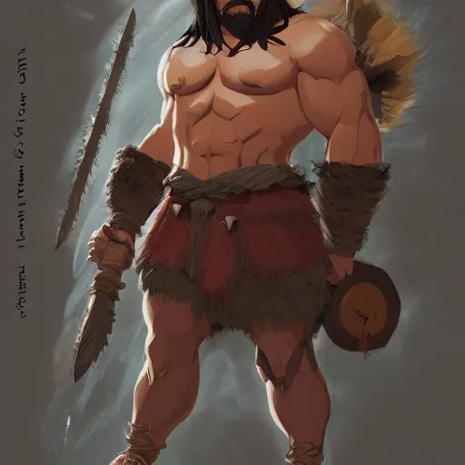 Image similar to character sheet of barbarian warrior, muscular, handsome, chiseled, by greg rutkowski and studio ghibli, digital art, trending on artstation, highly detailed, concept art, beautiful, masterpiece