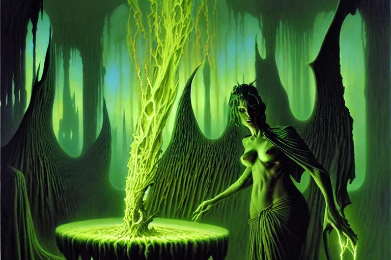 Prompt: shades of forgotten misery and despair by michael whelan and roger dean and brom and hubert robert and greg staples and donato giancola, beautiful, mythical, flesh robe, highly detailed, hyperrealistic, intricate, energy, electric, blue flame, low light, green crystal, high contrast, old and young, lifelike