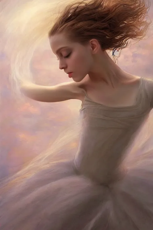 Prompt: prima ballerina dancing in the wind, beautiful face, ethereal, gorgeous, volumetric lighting, elegant, fluid, highly detailed, digital painting, concept art, highly detailed, illustration, limited color palette, atmosphere and tension, art by greg olsen and liz lemon swindle