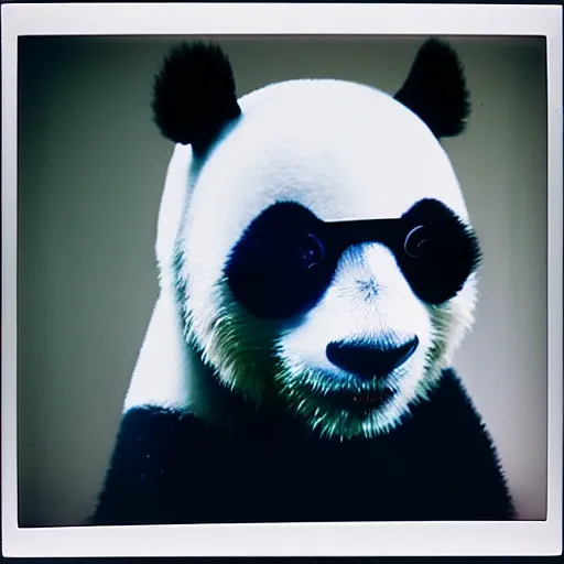 Image similar to gltch art, grainy head to shoulder portrait polaroid film photograph of a panda in a mall wearing aviator shades. super resolution. surreal. extremely detailed. polaroid 6 0 0 film. by annie leibovitz and richard avedon