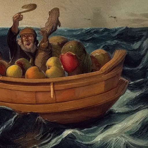 Image similar to Noah filling the ship with luxury fruits during the great flood