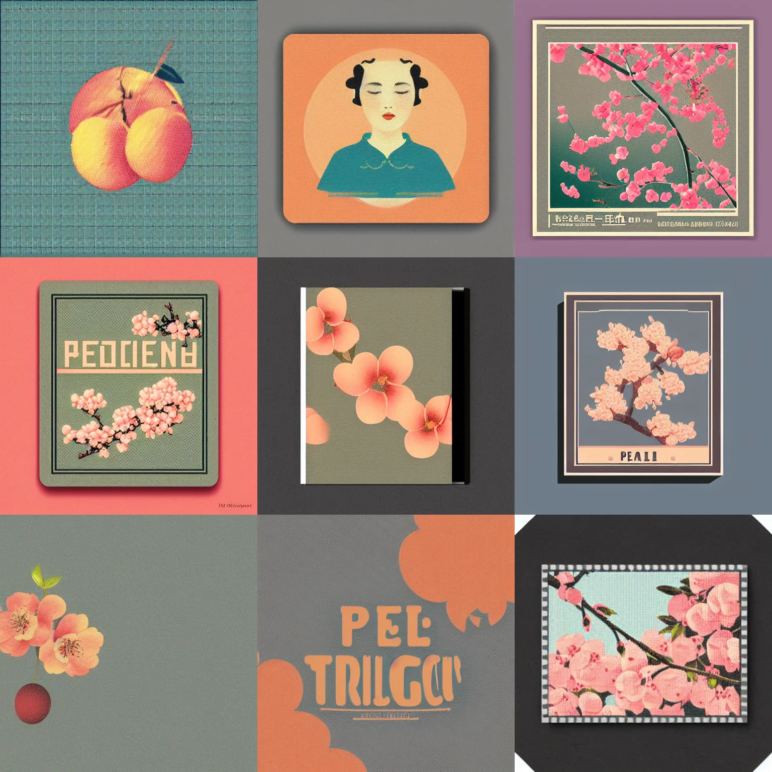 Prompt: vintage color halftone album artwork peach and blossom illustration, nostalgic high saturation, HD sharp image, grey background