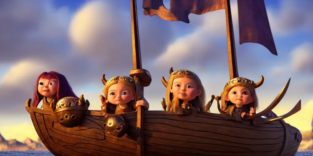 Prompt: adorable vikings on a viking ship, pixar render, brilliant style by Artstation, Artstation Trending, cgsociety, high quality, very coherent, ultra realism, high definition, post processing, unreal engine, 8k, high resolution, octane render, high contrast, 4k UHD, photographic, digital art, artstation, cinematic shot, golden hour, island in the background