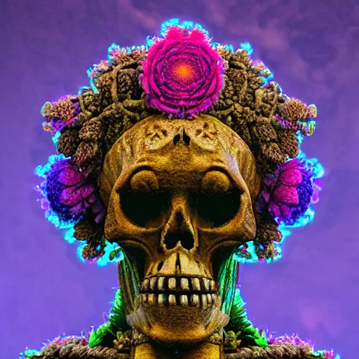 Image similar to a golden skull face african marijuanna shaman with an afro made of flowers, third eye art art by machina infinitum, complexity from simplicity, rendered in octane, mandelbulb 3 d, ambient occlusion, macro photography, felt!!! texture, tribal, neon retrowave, felt volumetric lighting