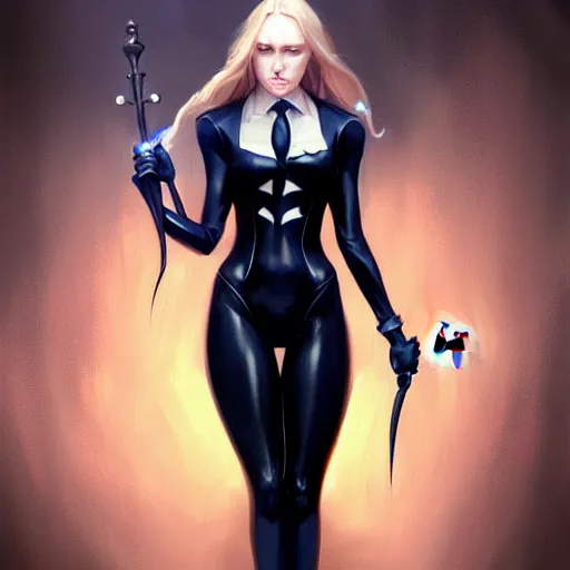 Image similar to girl in large black suit, long blonde hair, trident metal crown, dark grin, blue glowing eyes, dark scene, underlit, highly detailed, smooth concept art, airbrush, by artgerm greg rutkowski artstation