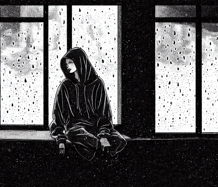 Prompt: sadie sink in hoodie sits on windowsill, knees tucked in | rain falls at night : storyboard, scifi cyberpunk. by joe alves, gabriel hardman, chris bonura. cinematic atmosphere, detailed and intricate, perfect anatomy