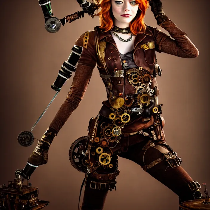 Image similar to professional full length photograph of emma stone as a steampunk warrior. Extremely detailed. 8k