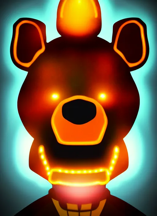 Image similar to portrait of freddy fazbear, glowing lights, highly detailed, digital painting, artstation, concept art, sharp focus, illustration