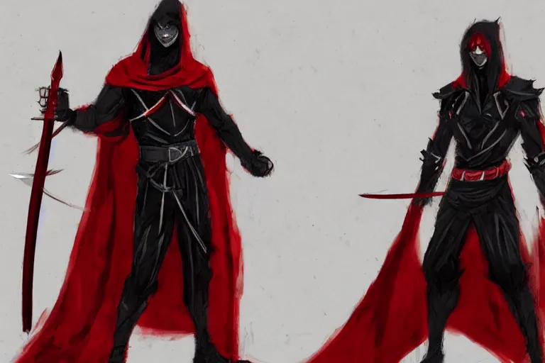 Image similar to a twin blade muscular swordsman, red and black cape and hoodie, scary, intimidating, worn out clothes, torn clothes, concept by James Paick